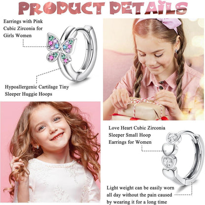 Kleine Silber Creolen Ohrringe Set Zirkonia Mädchen Geschenk