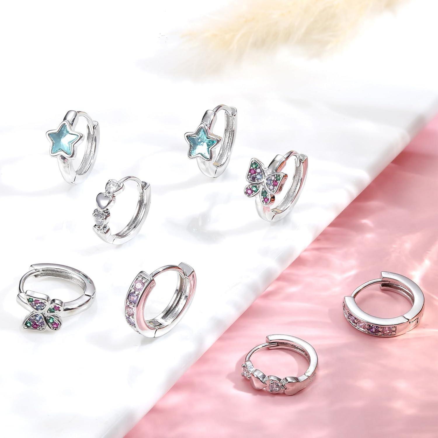 4 Paar Kleine Silber Creolen Ohrringe Set für Damen Mädchen Zirkonia