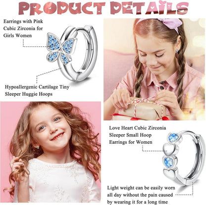 Kleine Silber Creolen Ohrringe Set für Mädchen Zirkonia Hypoallergen