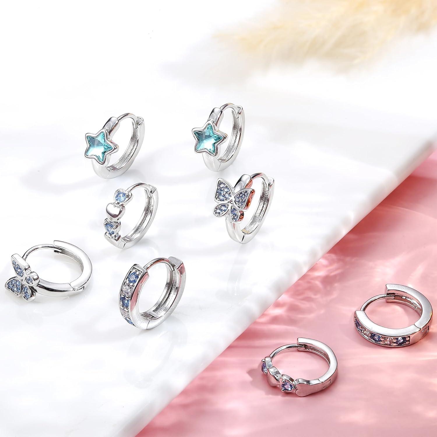 4 Paar Kleine Silber Creolen Ohrringe Mädchen Set Zirkonia Herz Stern