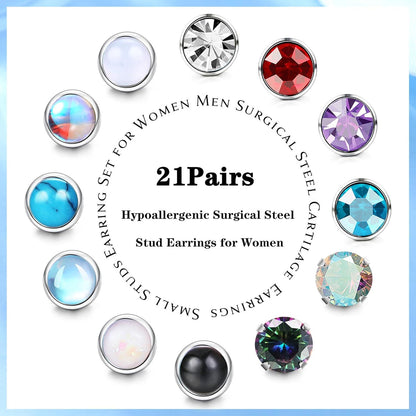 21 Paar Kleine Ohrstecker Chirurgenstahl Zirkonia Opal Mondstein