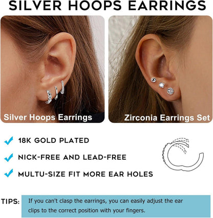 Silber 925 Ohrringe Set Zirkonia Ohrstecker Creolen Hypoallergen