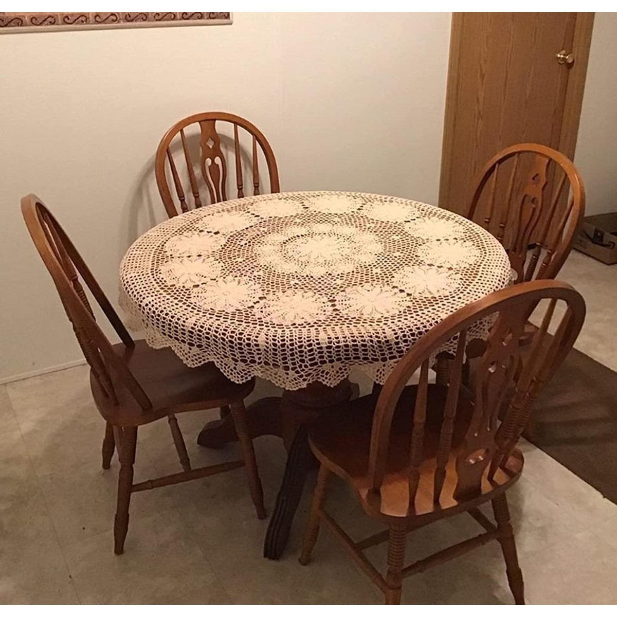 Runde Baumwoll Tischdecke Häkelspitze 180 cm Beige Vintage