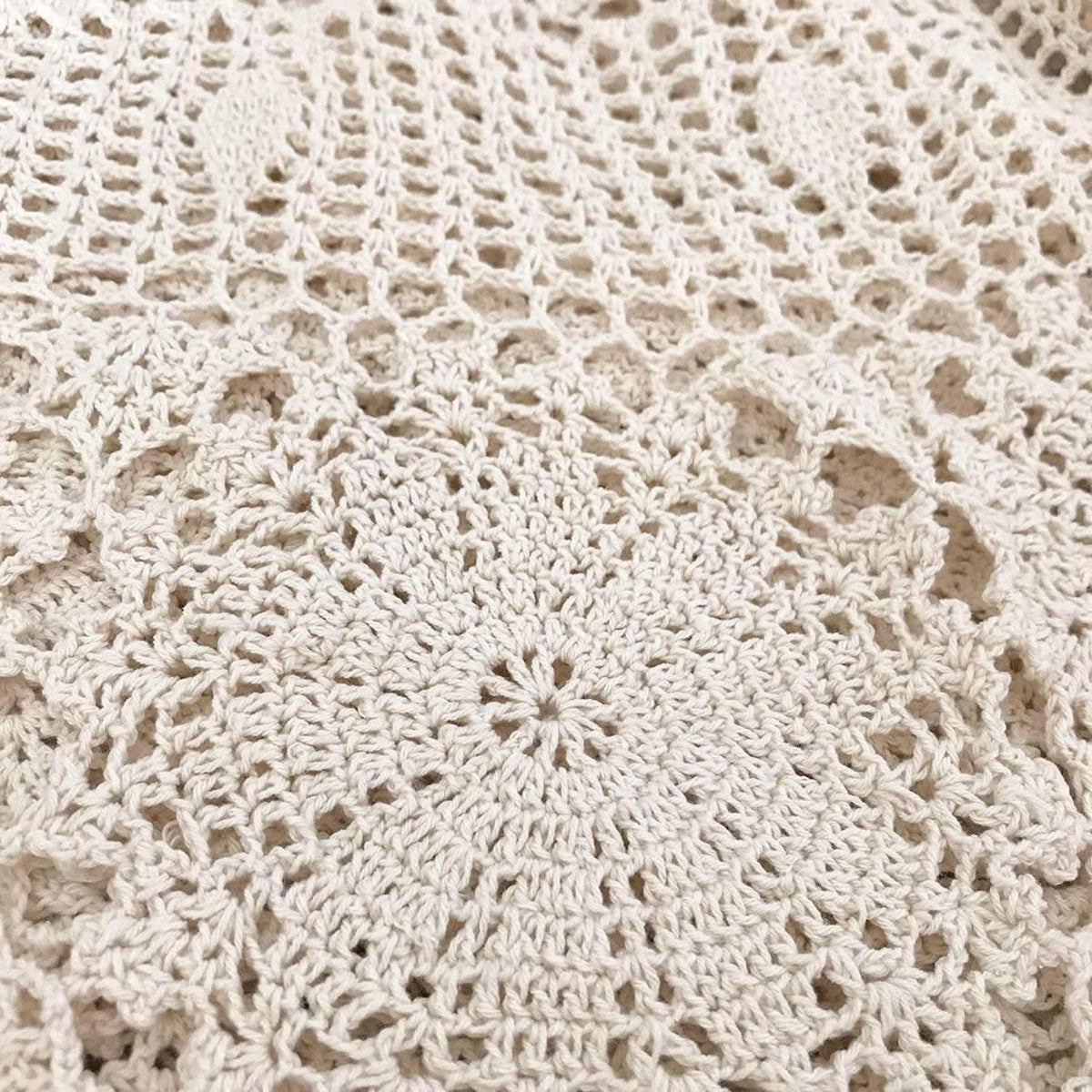 Runde Baumwoll Tischdecke Häkelspitze 180 cm Beige Vintage