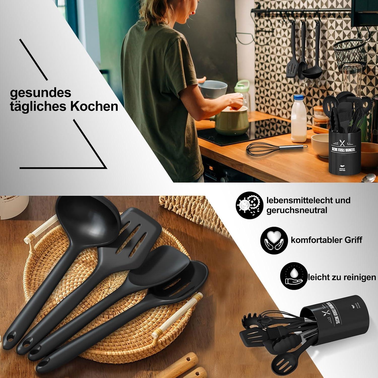 22tlg Silikon Küchenhelfer Set Utensilienhalter Schwarz Antihaft