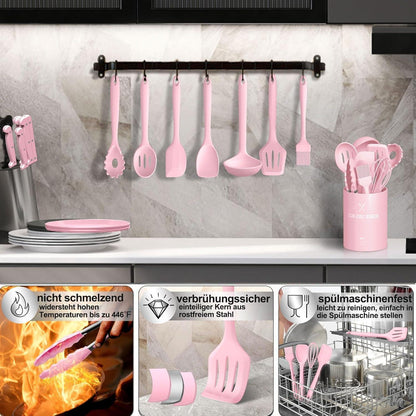 Silikon Küchenhelfer Set 22-teilig Rosa Utensilienhalter