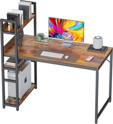 Schreibtisch mit Regal, 100x50cm, Gaming, Stahlgestell, Braun