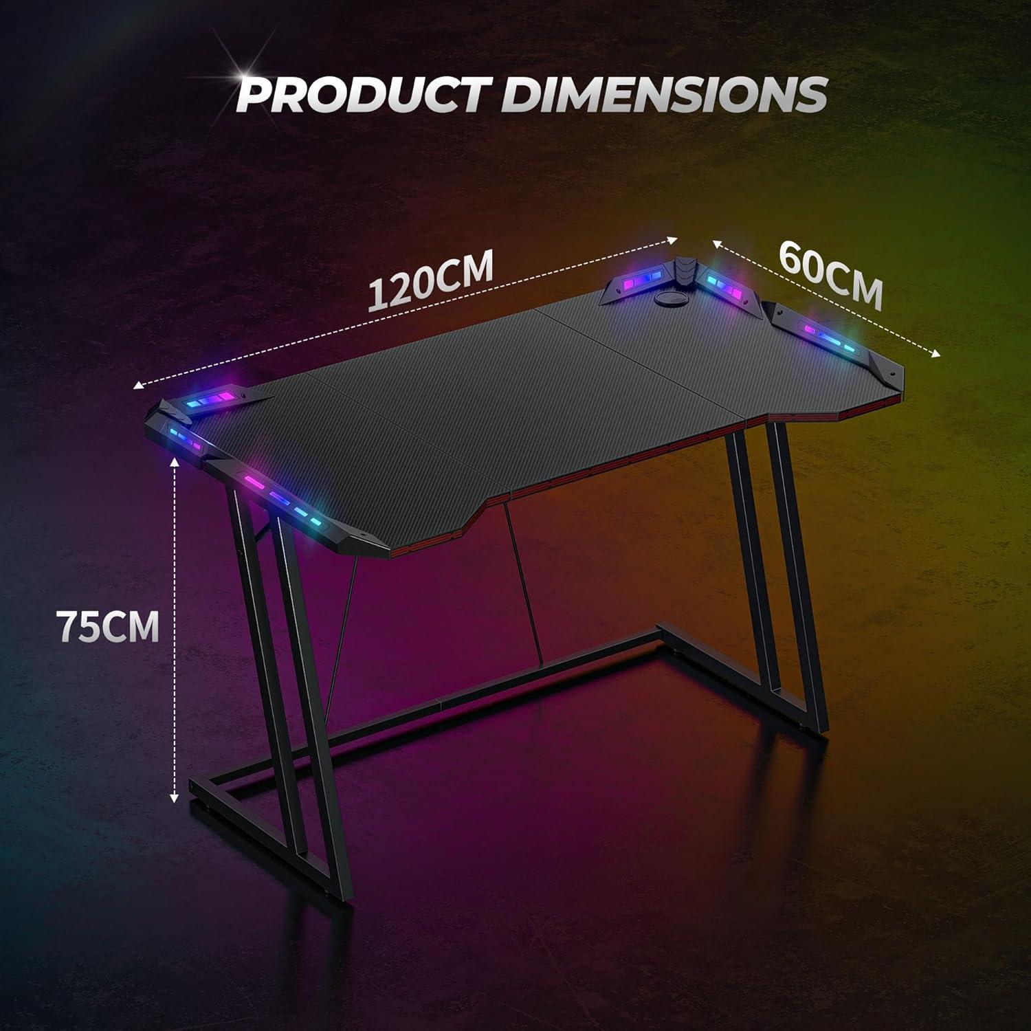 Gaming Tisch mit LED und Kohlefaseroberfläche 120x60 cm Schwarzes