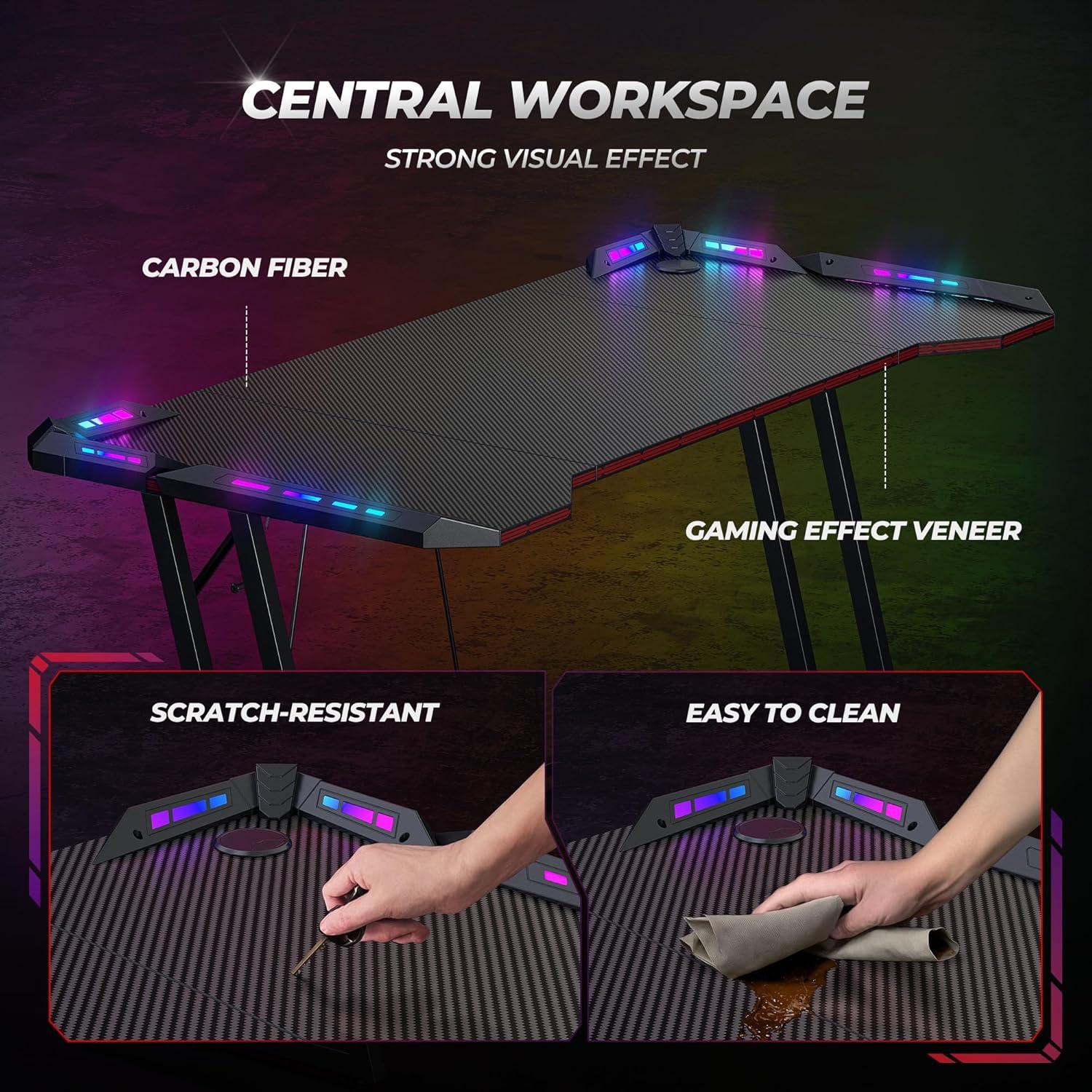 Gaming Tisch mit LED 120 x 60 cm, Kohlefaser Schwarz, Stabiler