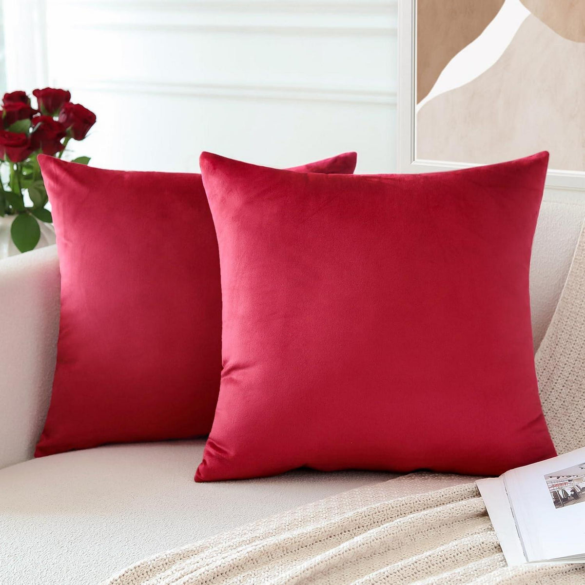 Samt Kissenbezug 50x50 cm Rot - 2er Set, Dekokissen Wohnzimmer