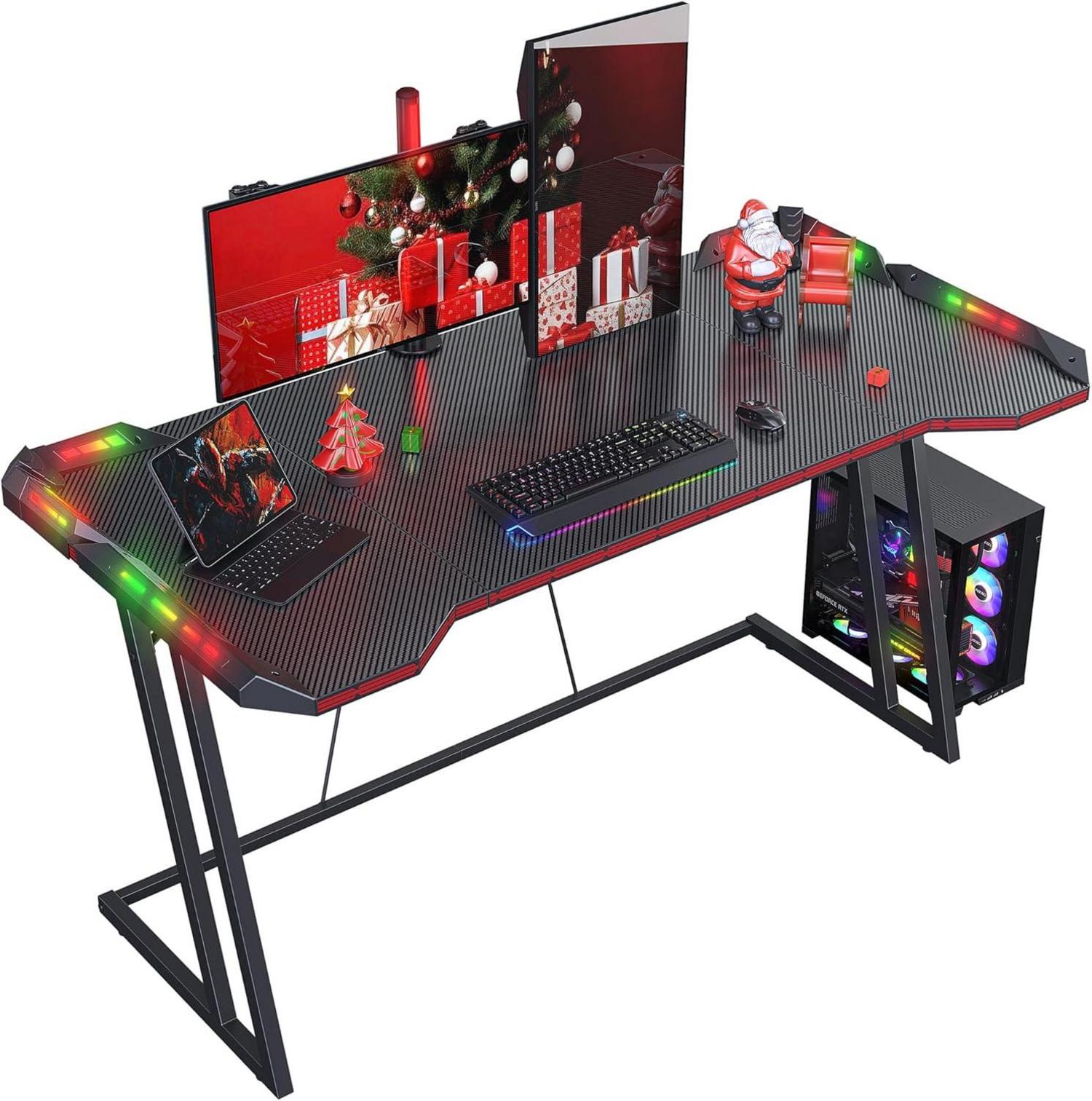 Gaming Schreibtisch LED Kohlefaser 140 x 60 cm Schwarz