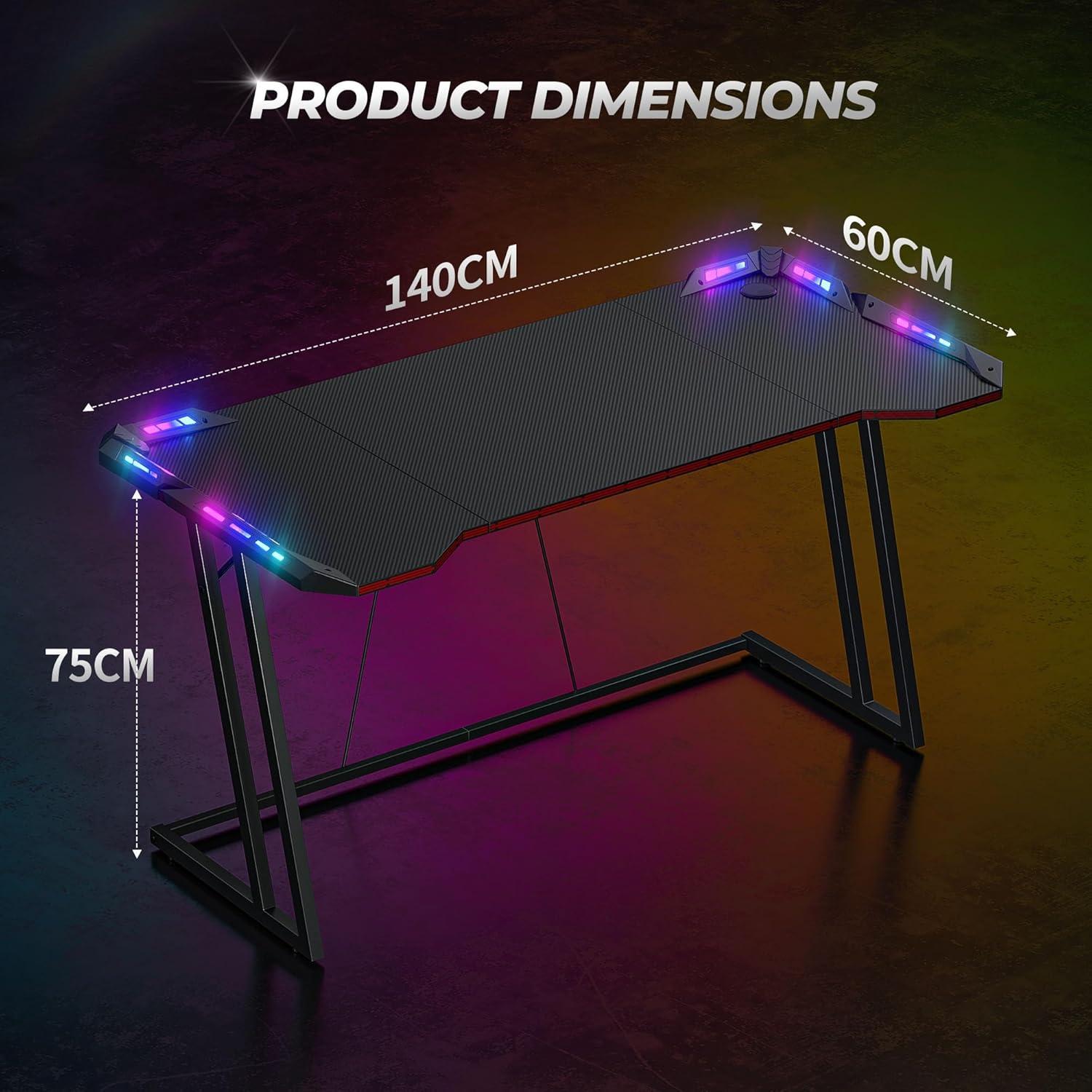Gaming Schreibtisch LED Kohlefaser 140 x 60 cm Schwarz