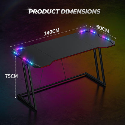 Gaming Schreibtisch LED Kohlefaser 140 x 60 cm Schwarz