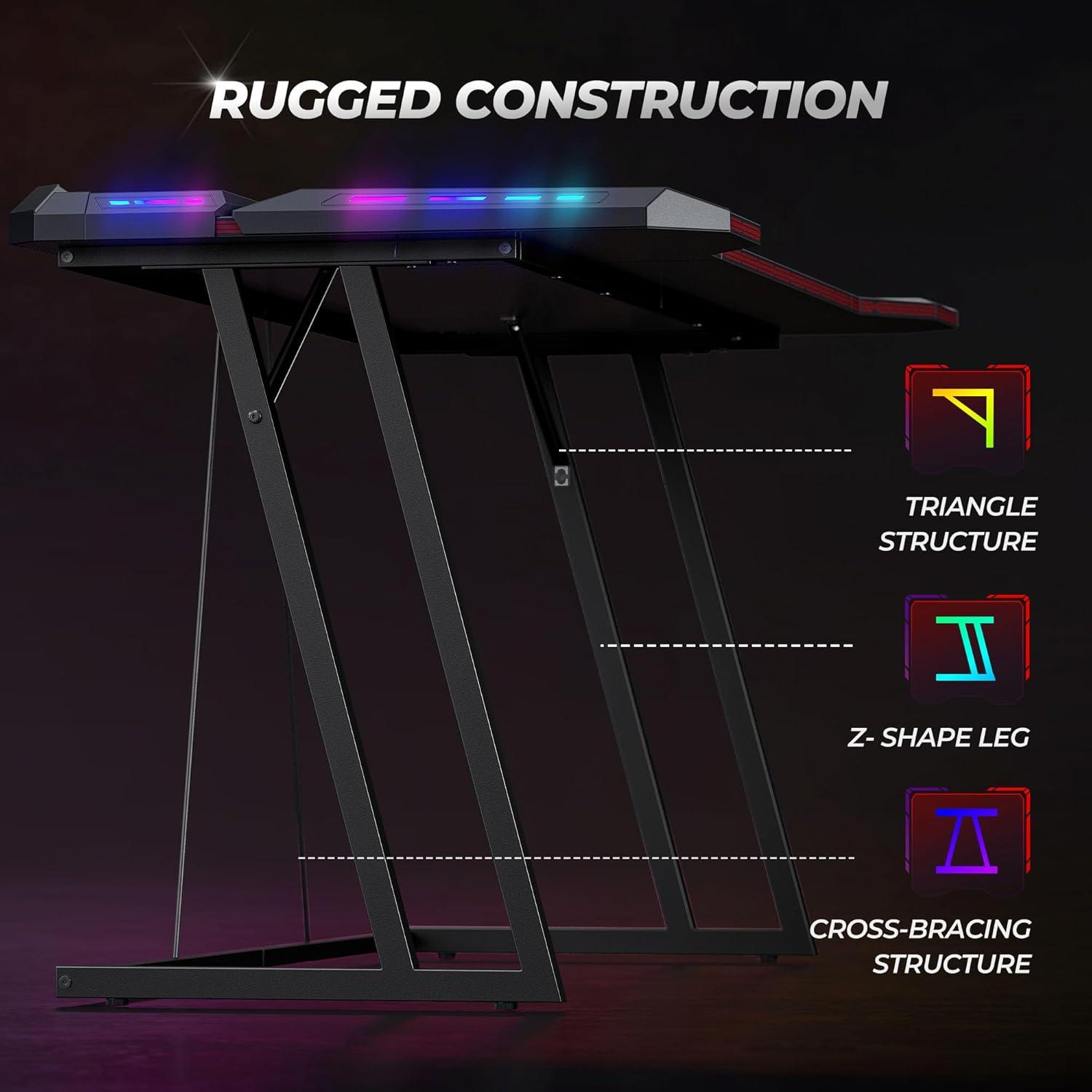 LED Gaming Tisch 140x60cm Kohlefaser Schwarz RGB Beleuchtung