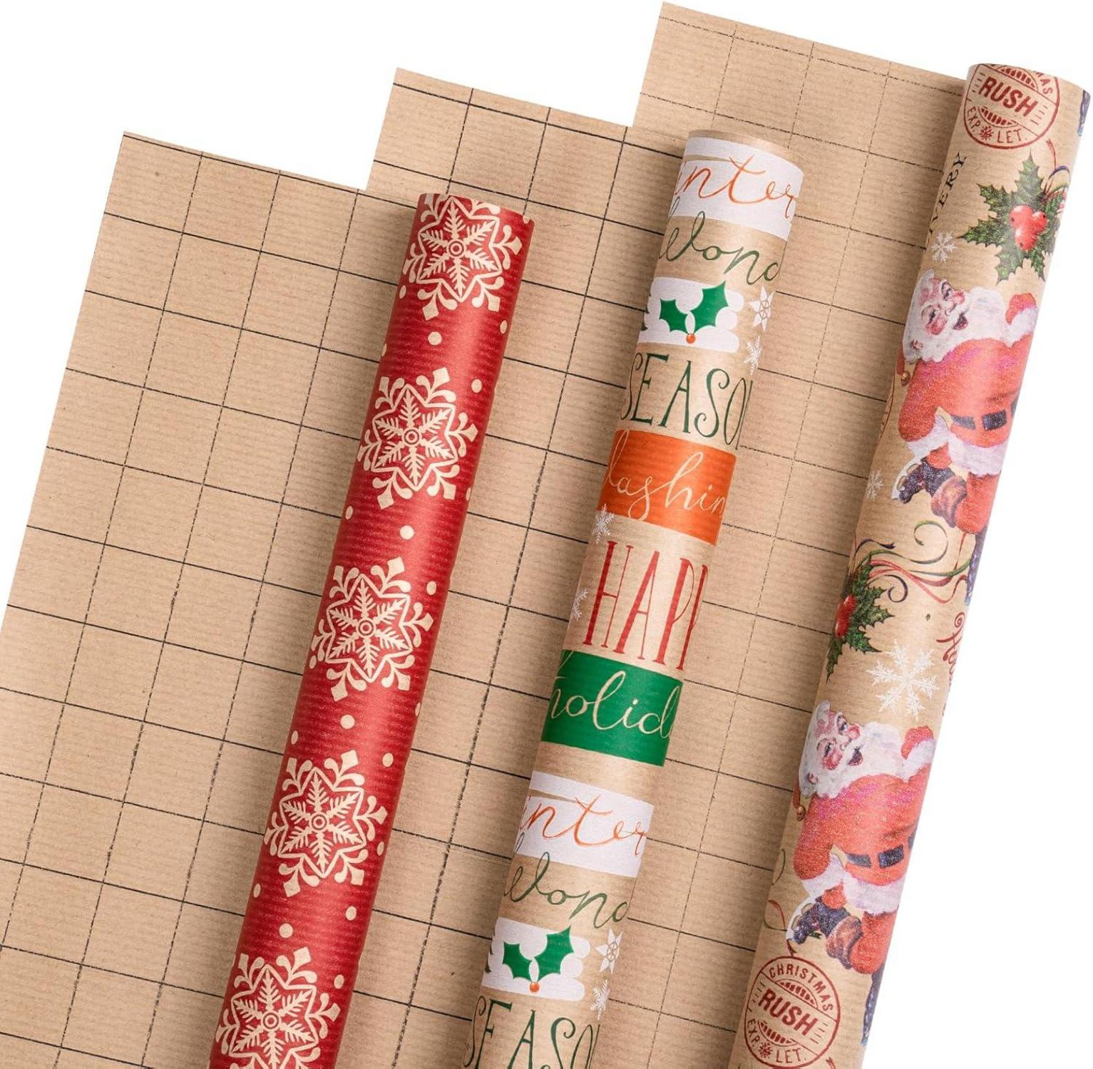 Weihnachts-Geschenkpapierrolle Kraftpapier Schneemann Schneeflocke Text 43,2 cm 3 m 3 Rollen