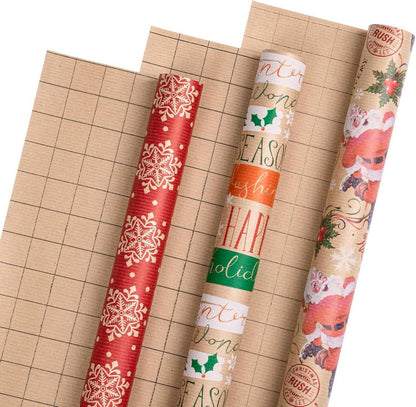 Weihnachts-Geschenkpapierrolle Kraftpapier Schneemann Schneeflocke Text 43,2 cm 3 m 3 Rollen