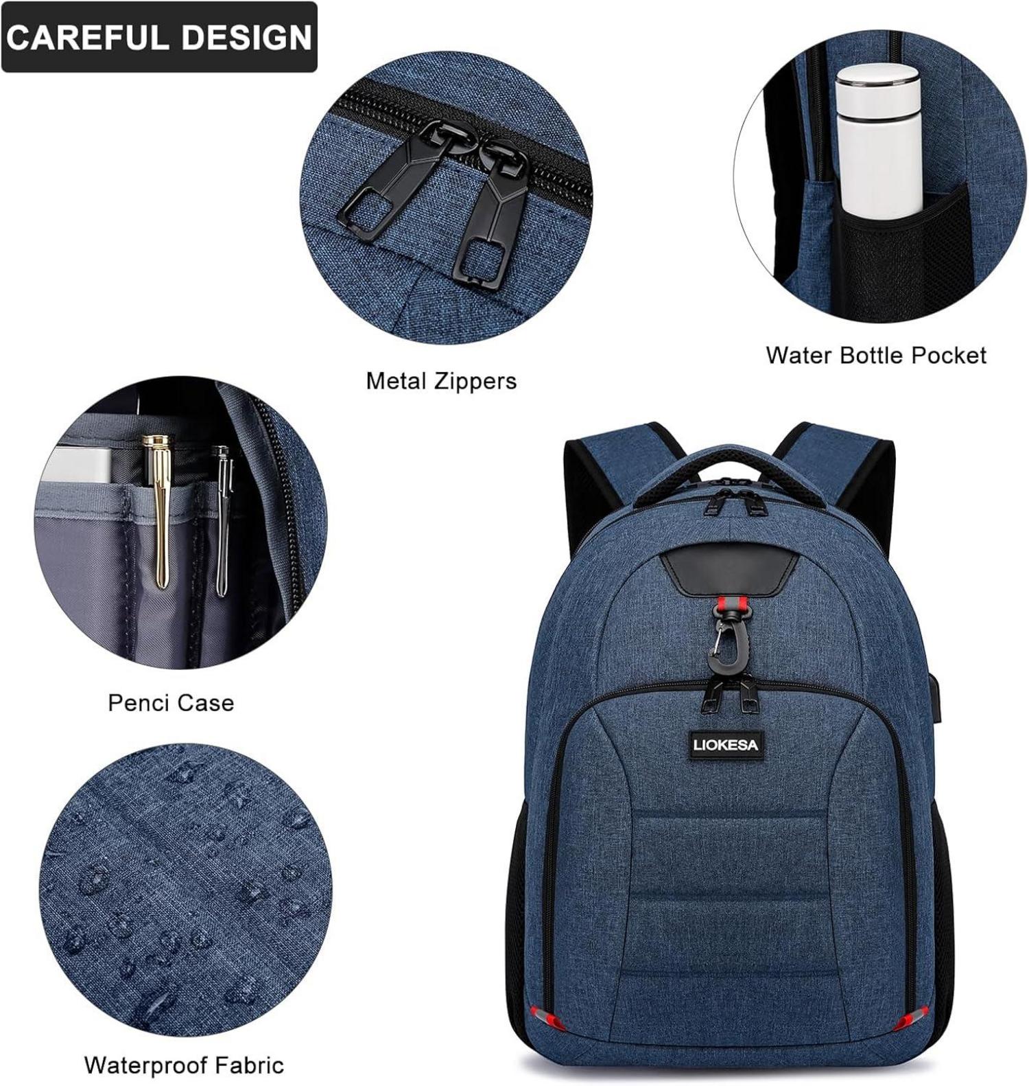 Rucksack Herren Schulrucksack Wasserdicht Laptop 15.6 Zoll USB Blau
