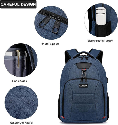 Rucksack Herren Schulrucksack Wasserdicht Laptop 15.6 Zoll USB Blau