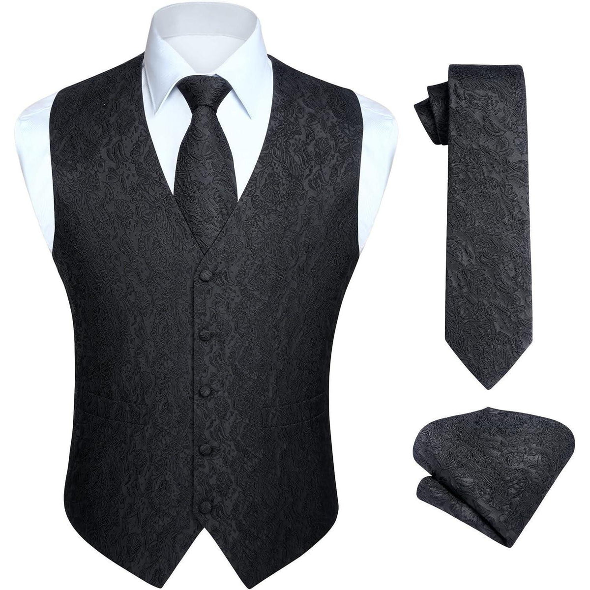 Herren Weste Krawatte Einstecktuch Set Jacquard Seide M Schwarz