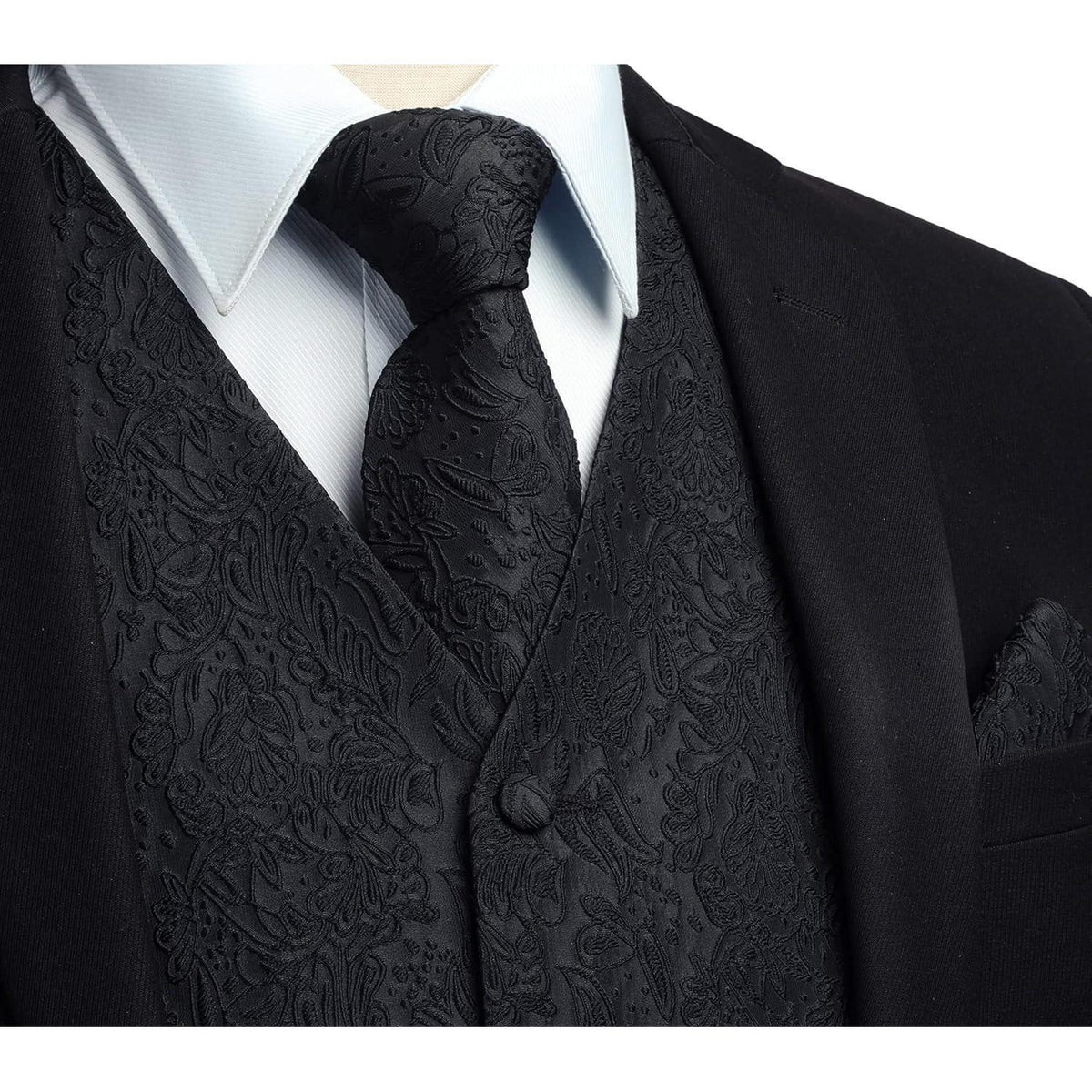 Herren Weste Krawatte Einstecktuch Set Jacquard Seide M Schwarz