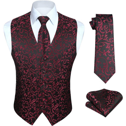Herren Weste Krawatte Einstecktuch Set Jacquard Blumenmuster Schwarz Rot