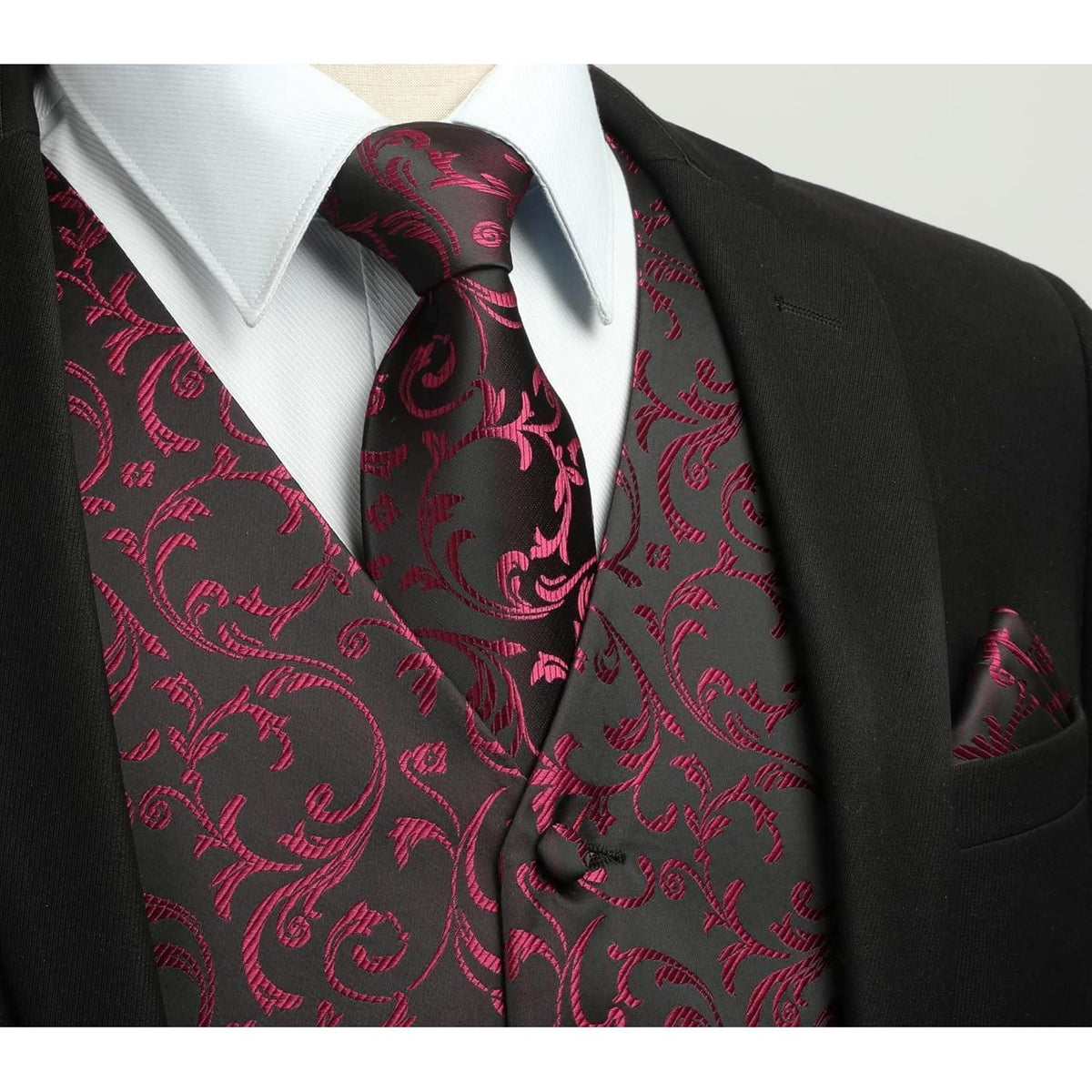 Herren Jacquard Weste Krawatte Einstecktuch Set Schwarz Rot