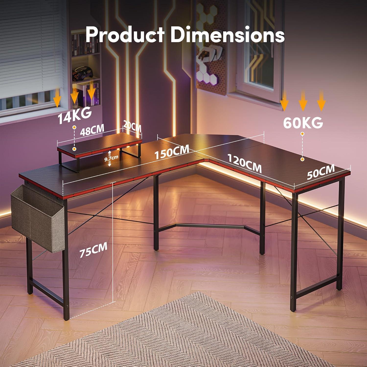 Gaming Eckschreibtisch 150x120cm mit Monitorständer Schwarz