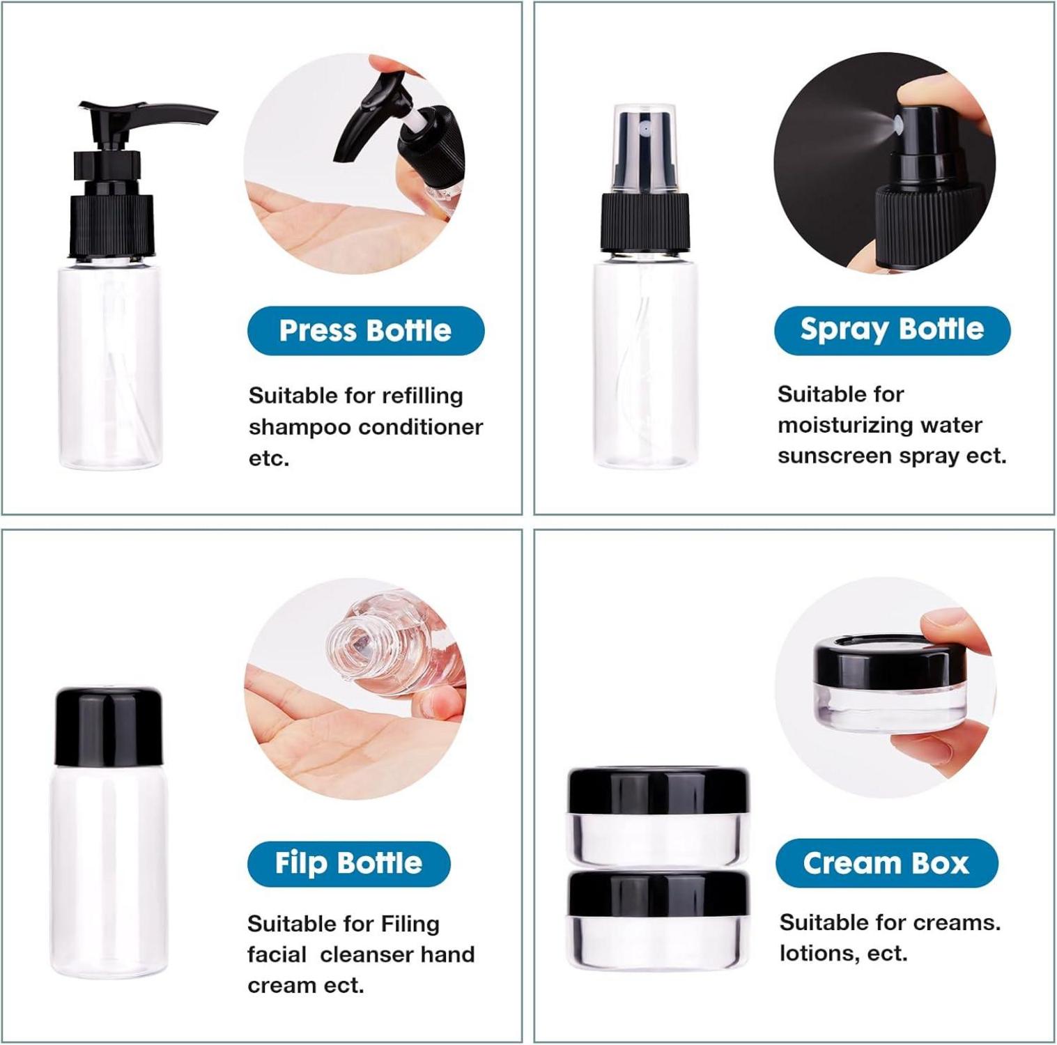 Transparenter Kulturbeutel mit Reiseflaschen Set 5 Stück, Leak