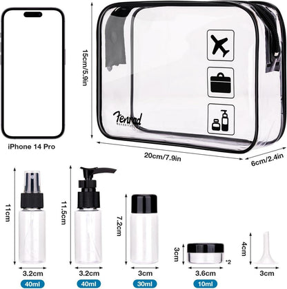 Kulturbeutel Transparent mit Reiseflaschen Set 5-teilig TSA-geprüft