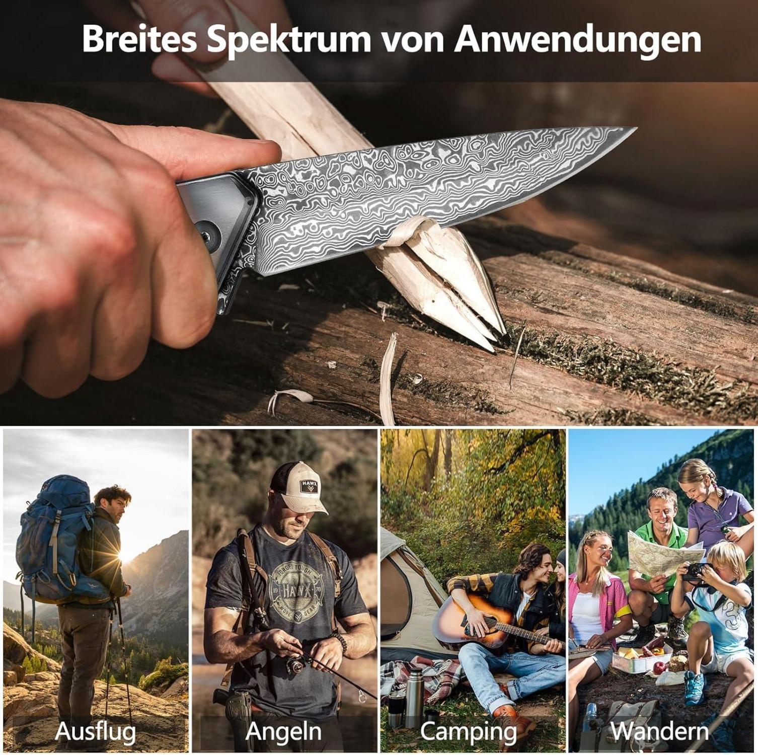 Damast Klappmesser EDC Taschenmesser mit Lederhülle - Outdoor Survival Gift