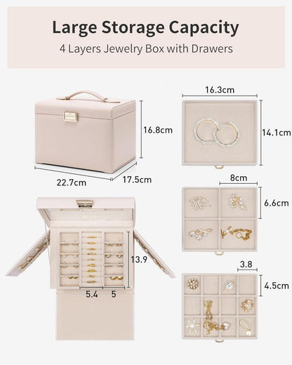 Vlando Schmuckkasten Groß 4 Ebenen Schmuckschatulle PU Leder Beige