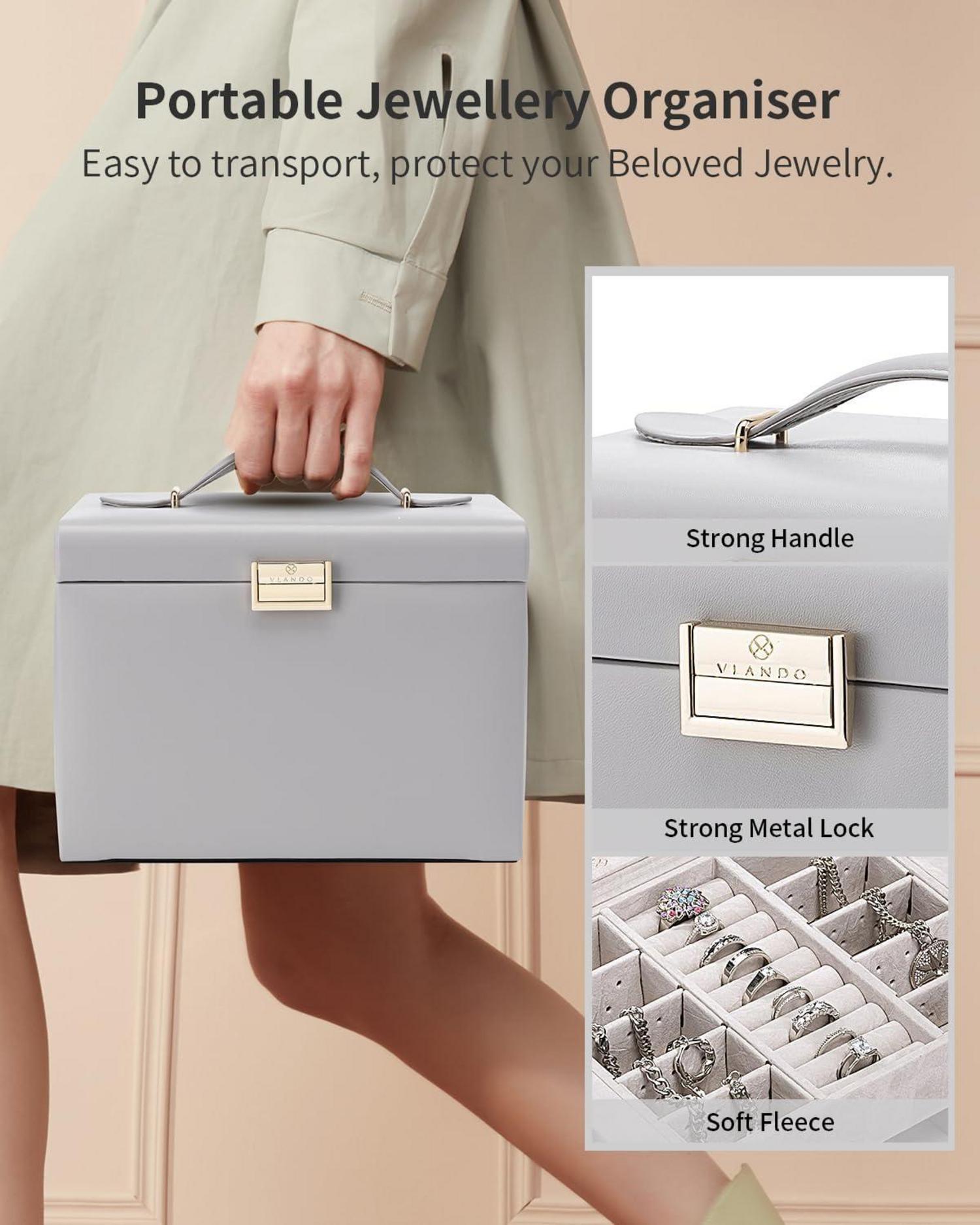 Vlando Schmuckkasten Jewelry Box 4 Ebenen PU Leder Spiegel Schubladen Samt Grau