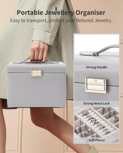 Vlando Schmuckkasten Jewelry Box 4 Ebenen PU Leder Spiegel Schubladen Samt Grau