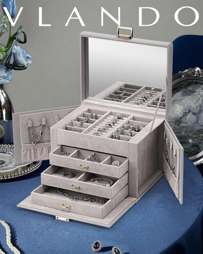 Schmuckkasten Jewelry Box mit 4 Ebenen Groß PU Leder Spiegel und
