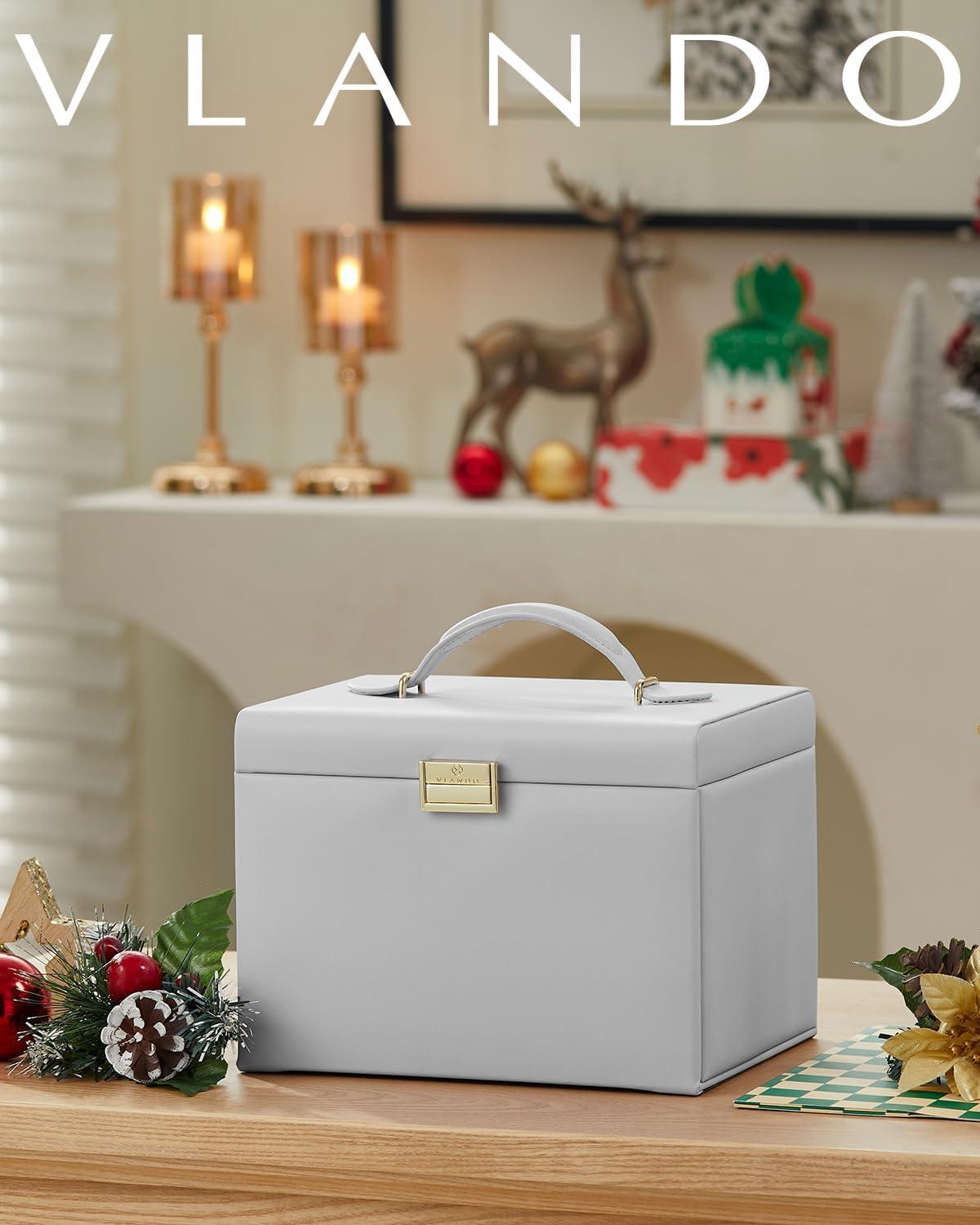 Vlando Schmuckkasten Jewelry Box 4 Ebenen PU Leder Spiegel Schubladen Samt Grau