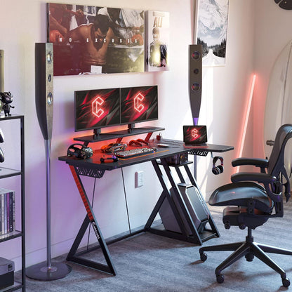 Gaming Computertisch LED-Lichter Ablagefächer Bücherregal Eckschreibtisch