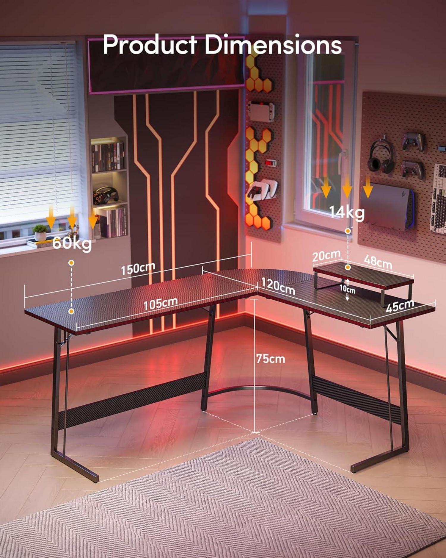 Gaming Eckschreibtisch L-Form 150x120 cm Kohlefaser Schwarz