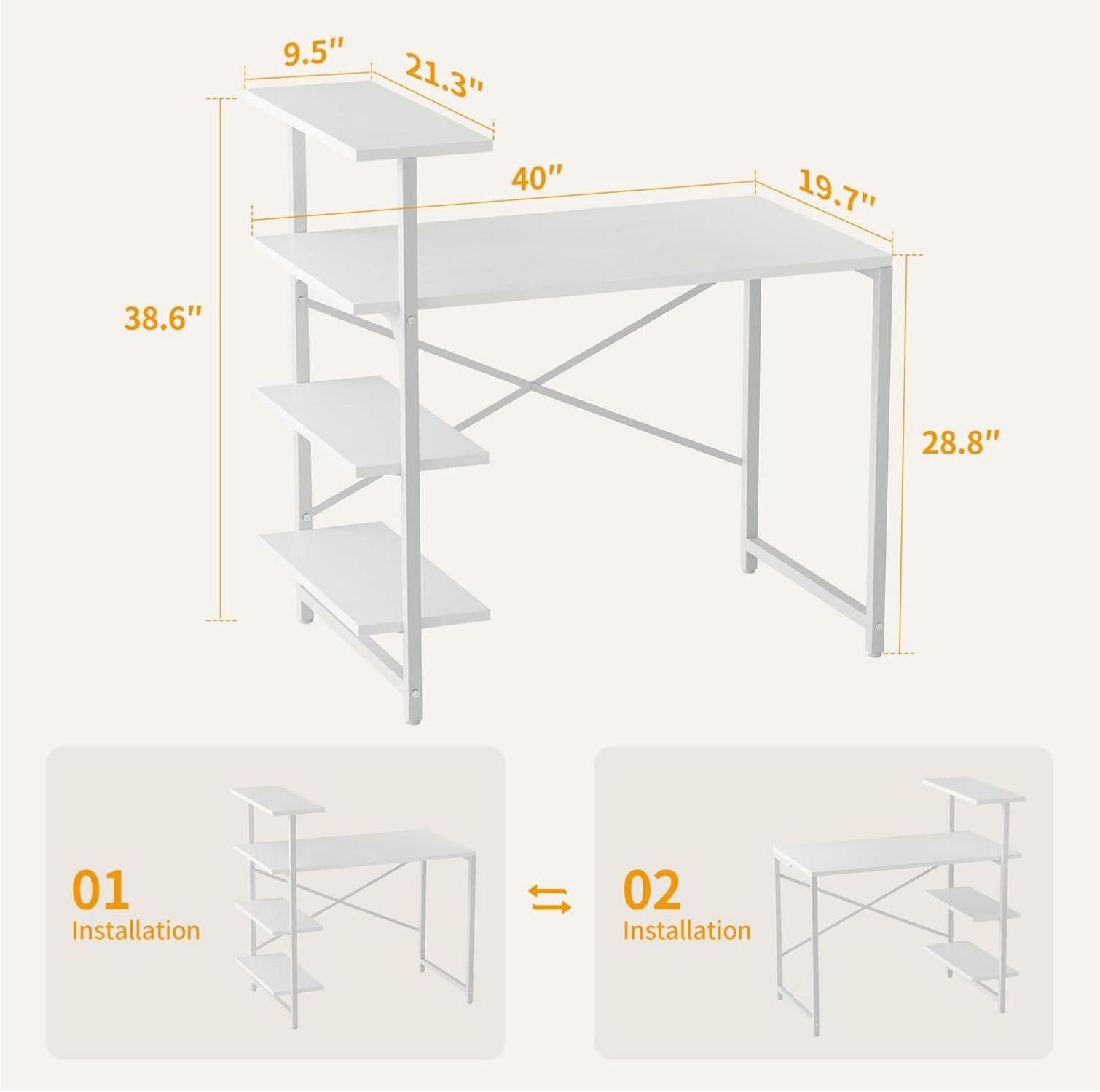 Schreibtisch mit Regal 100x50cm 3-stöckiges Stahlgestell Weiß/W
