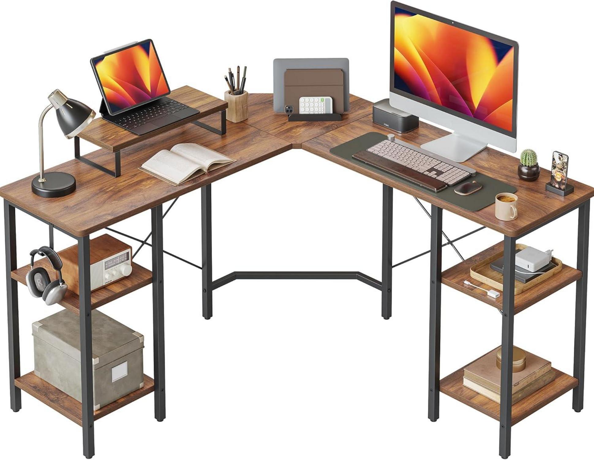 L-förmiger Computertisch mit Regalen, 128 cm Industrial Office