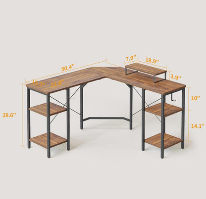 L-förmiger Computertisch mit Regalen, 128 cm Industrial Office