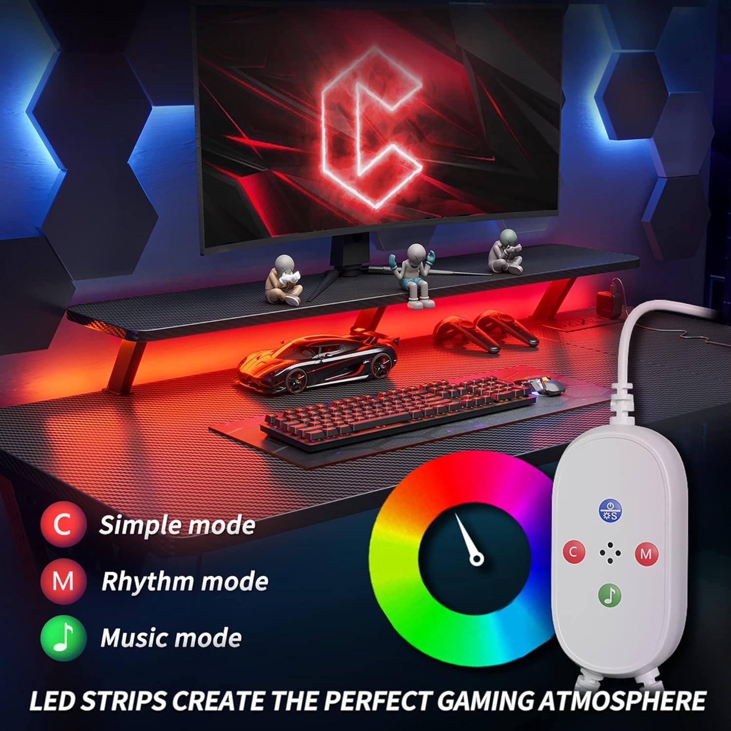 Gaming Computertisch mit LED-Leuchten, Ablagefächern, 120 cm Eckschreibtisch ✓ Schwarz