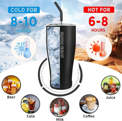 Aolieh 30OZ Thermobecher mit Stroh und 2 Deckeln, Isolierbecher aus Edelstahl Vakuum, Schwarz