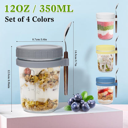 Glas Müslibecher to go mit Deckel und Löffel 4er Set 350ml