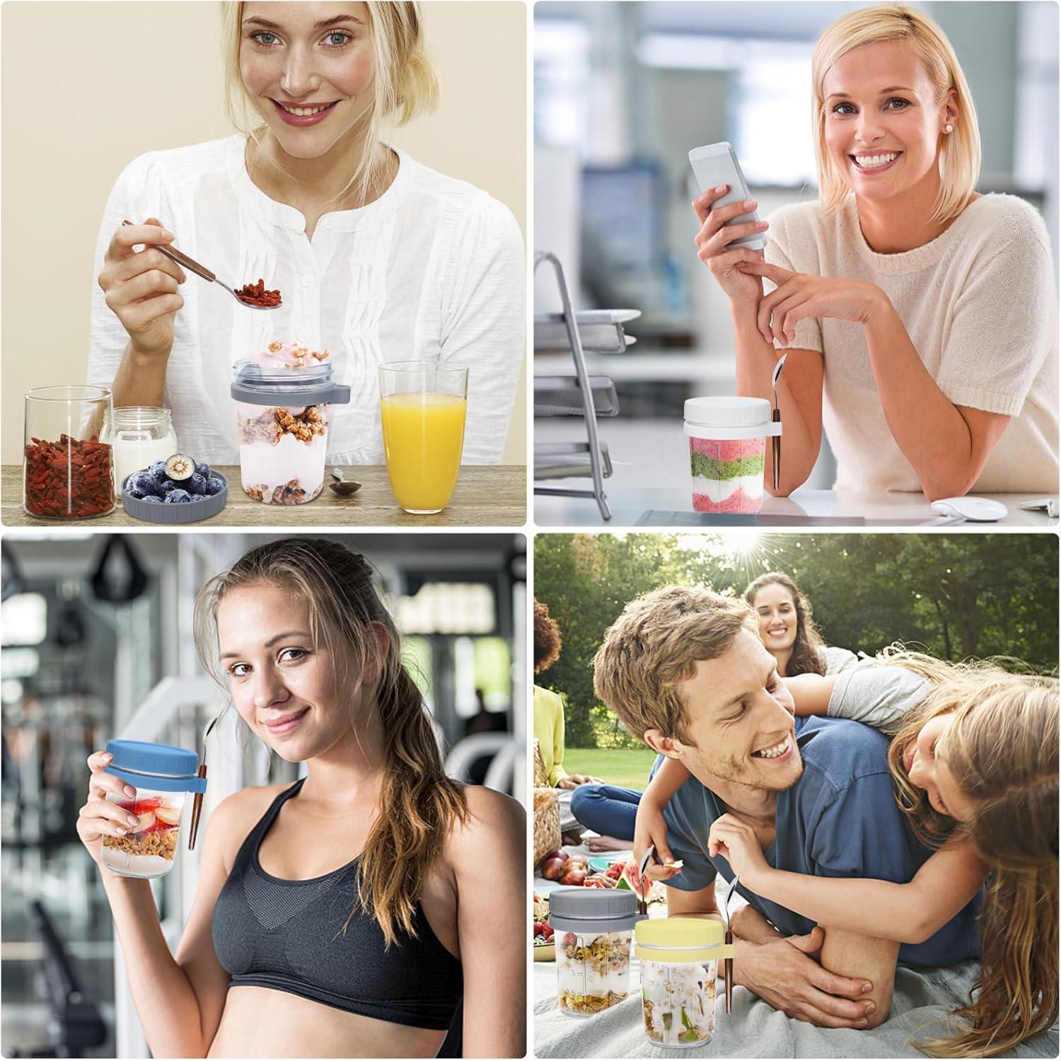 4er Set Glas Müslibecher to go - Mit Löffel und Deckel - 350ml Einmachgläser