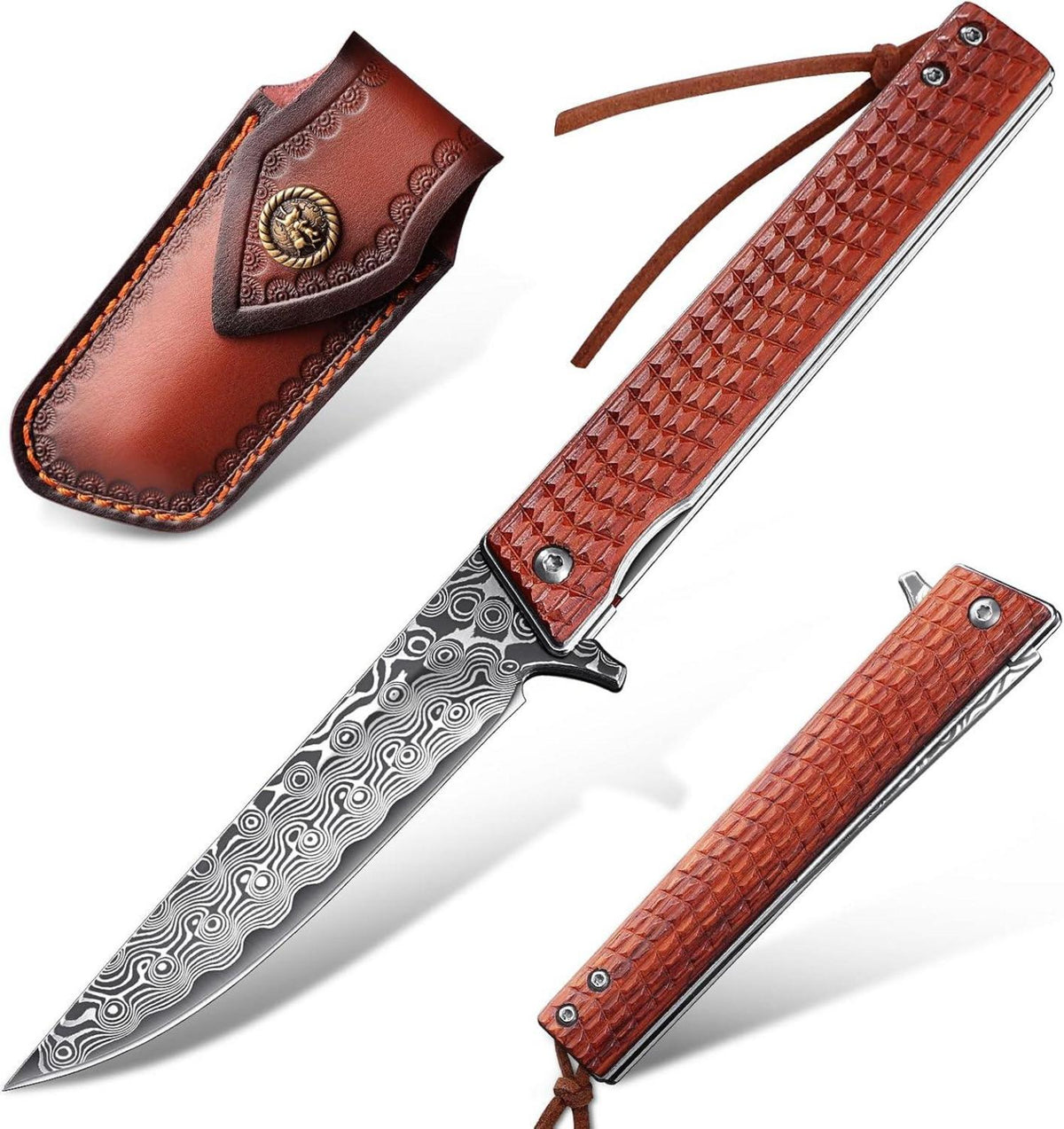 Damast Klappmesser Scharf Einhandmesser für Camping Angeln
