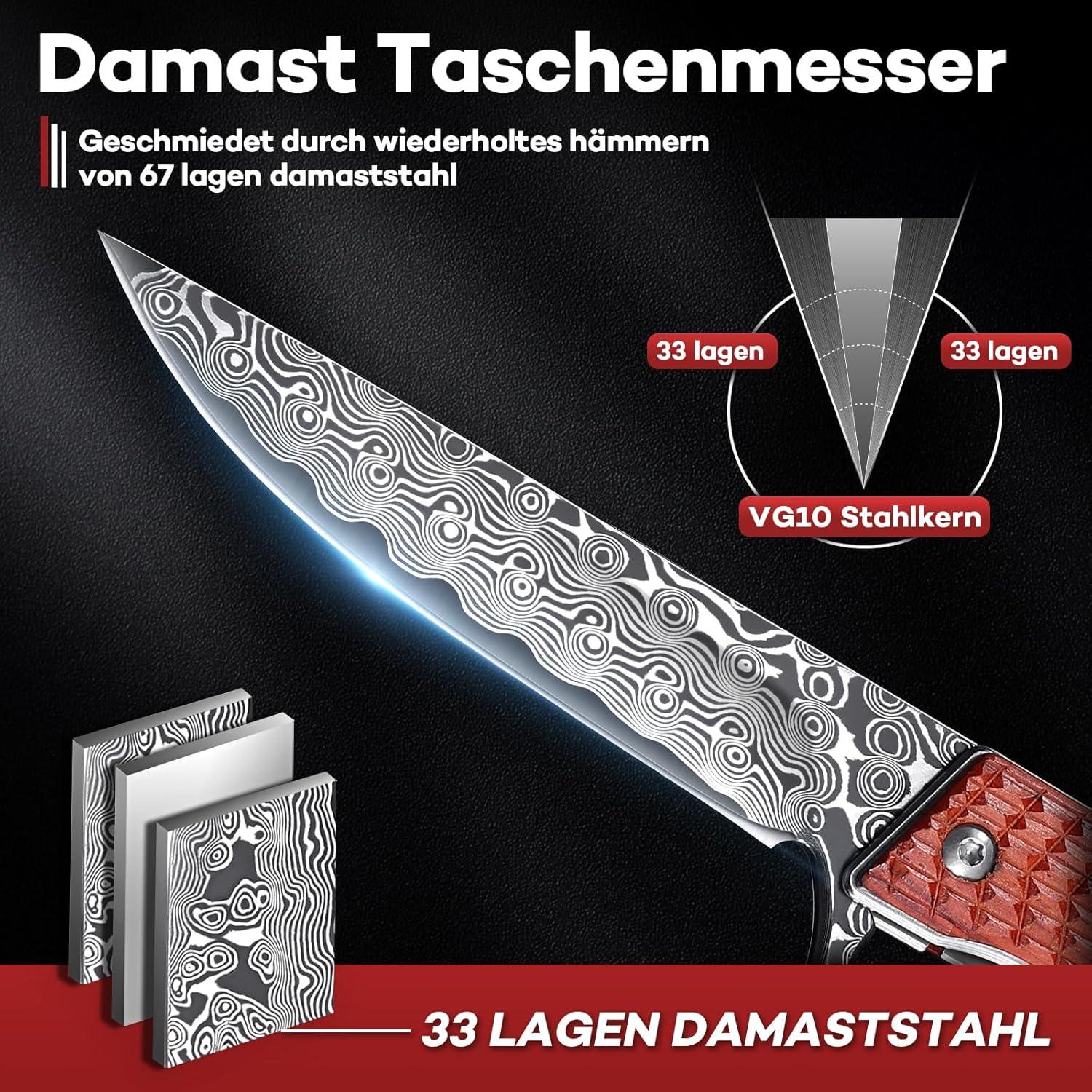 Damast Klappmesser Scharf Einhandmesser für Camping Angeln