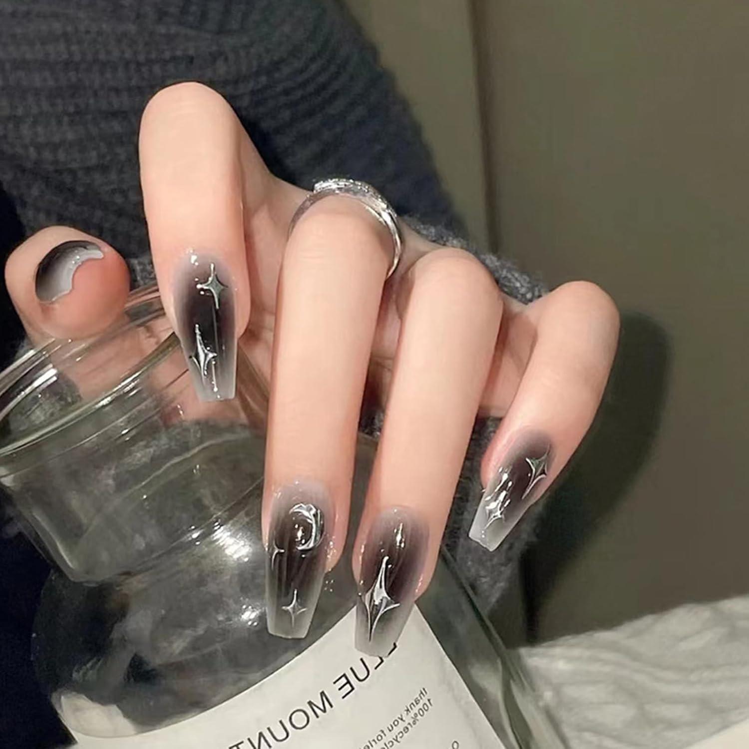 24 Stück Künstliche Nägel French Schwarz Ballerina Mond Design