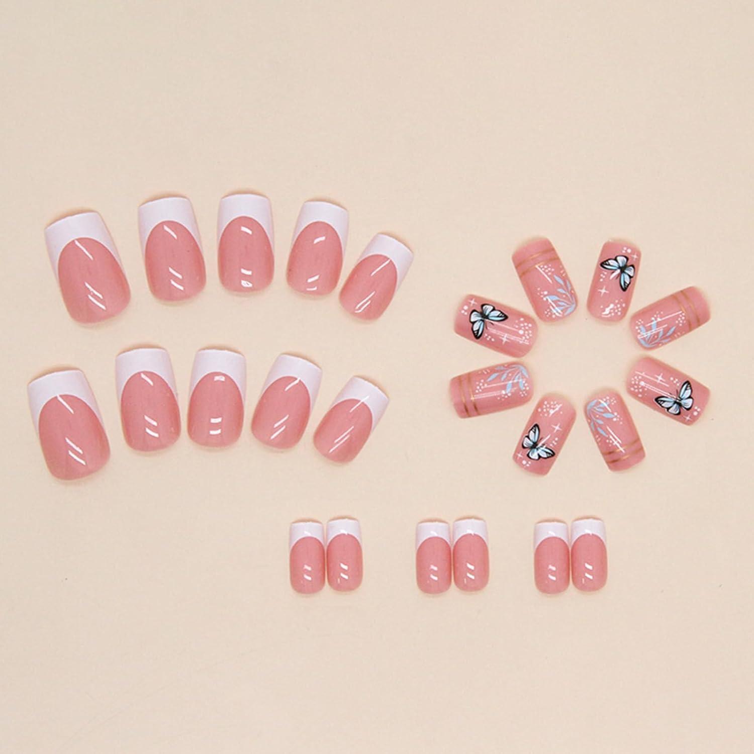24er Set rosa-weiße French Schmetterling Kunstnägel, inkl. Nagelkleber - Ballerina Acryl Nägel für Frauen und Mädchen