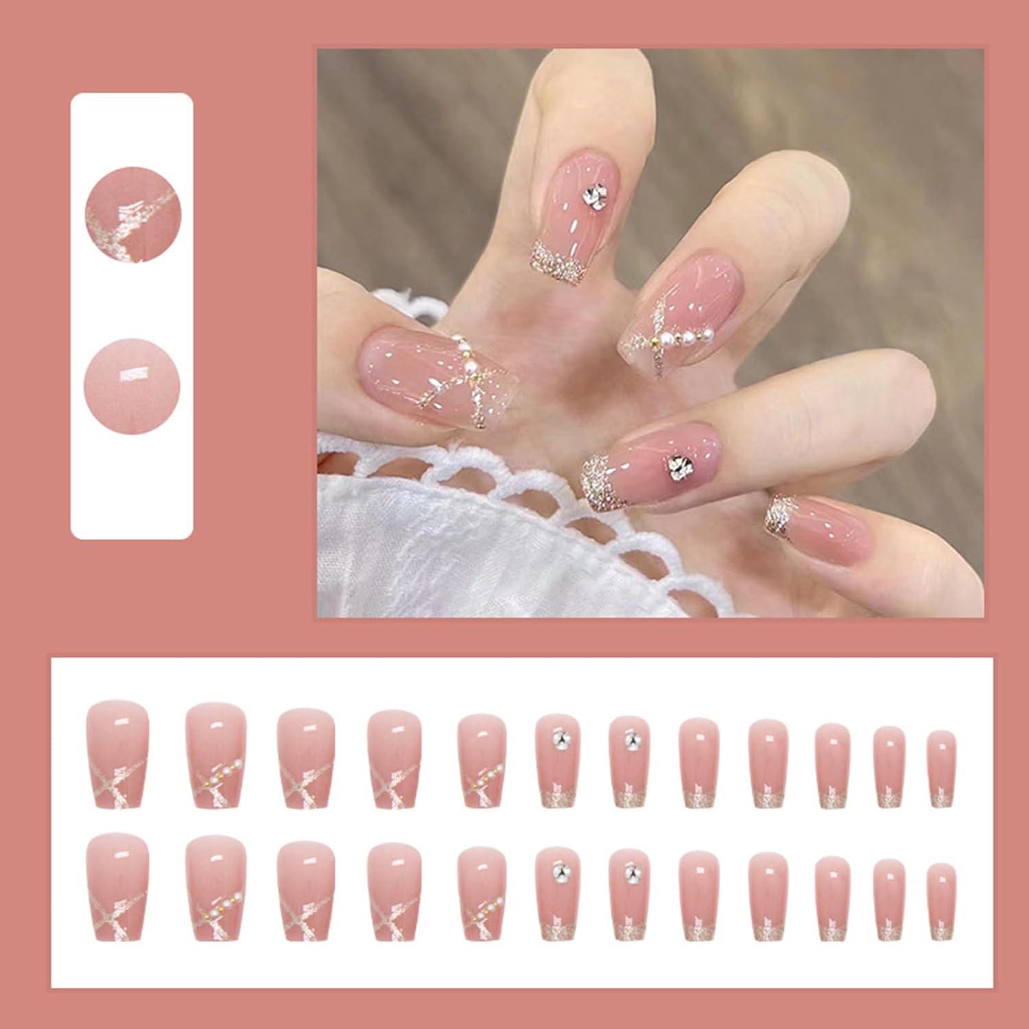 24 Stück Kurze Eckige Kunstnägel Rosa Glitzer Press on Nails