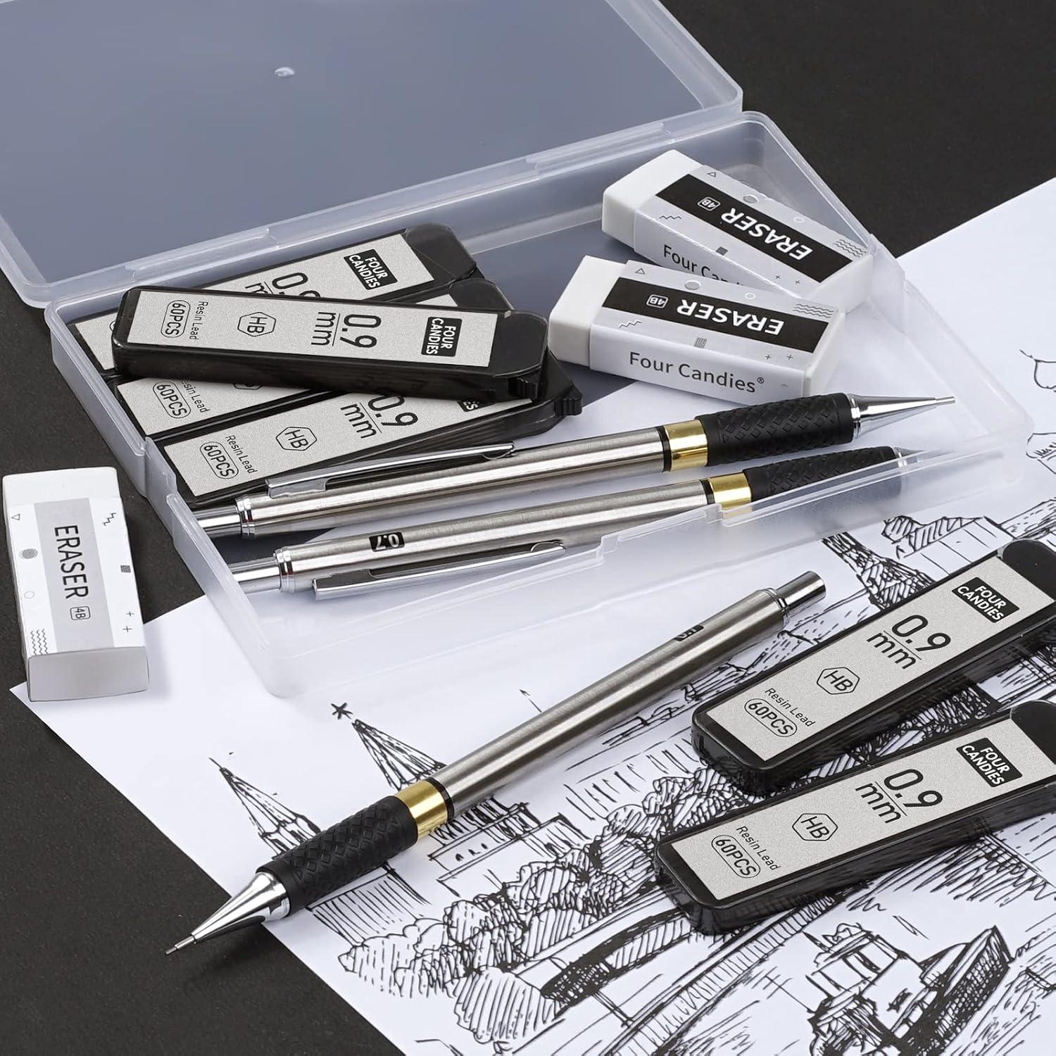 Druckbleistift Set 3er Metall 0,9mm HB-Minen Radiergummis Etui